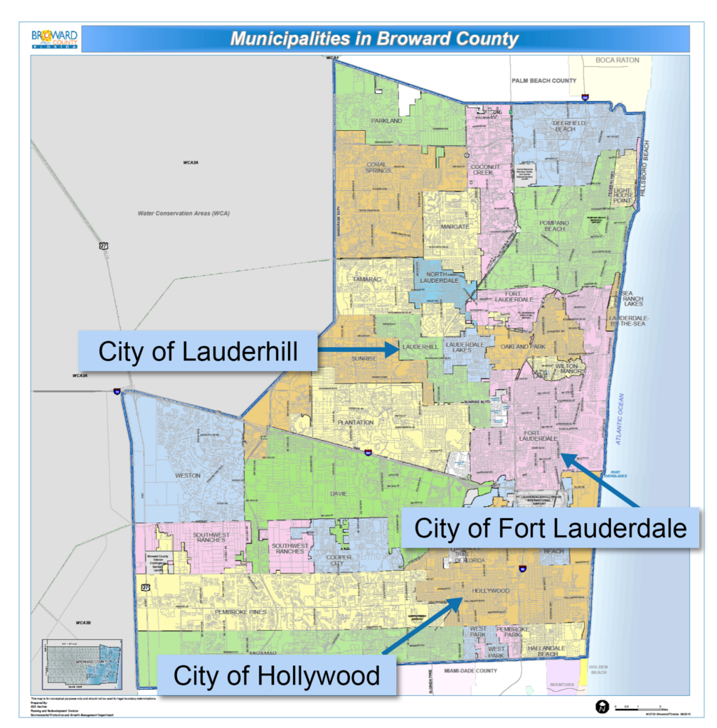 Map of Broward County showing 2 cities, City of Lauderhill, Fort Lauderdale, and Hollywood