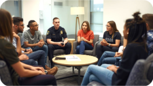 group of people speaking with police officer